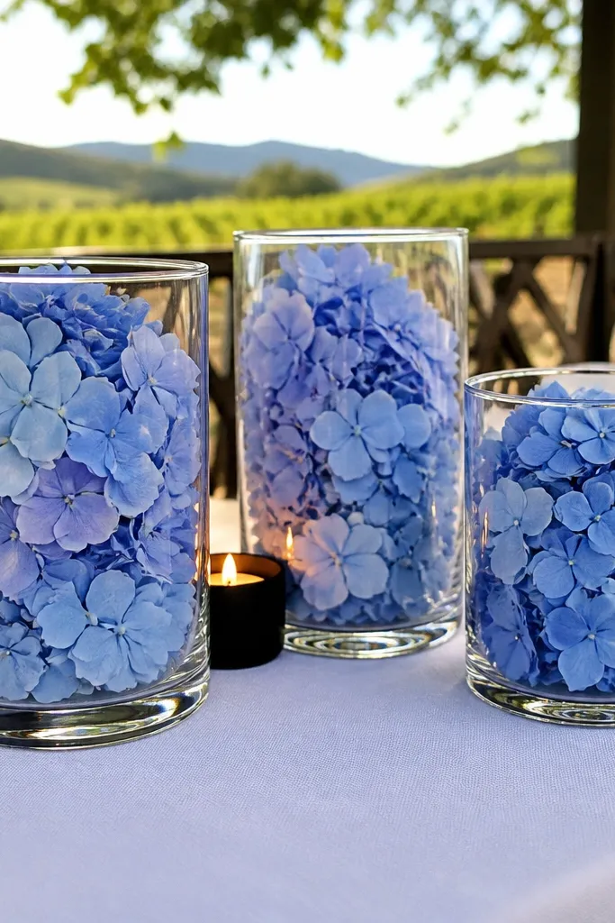 Paper flower clusters in clear cylinders with tea lights underneath