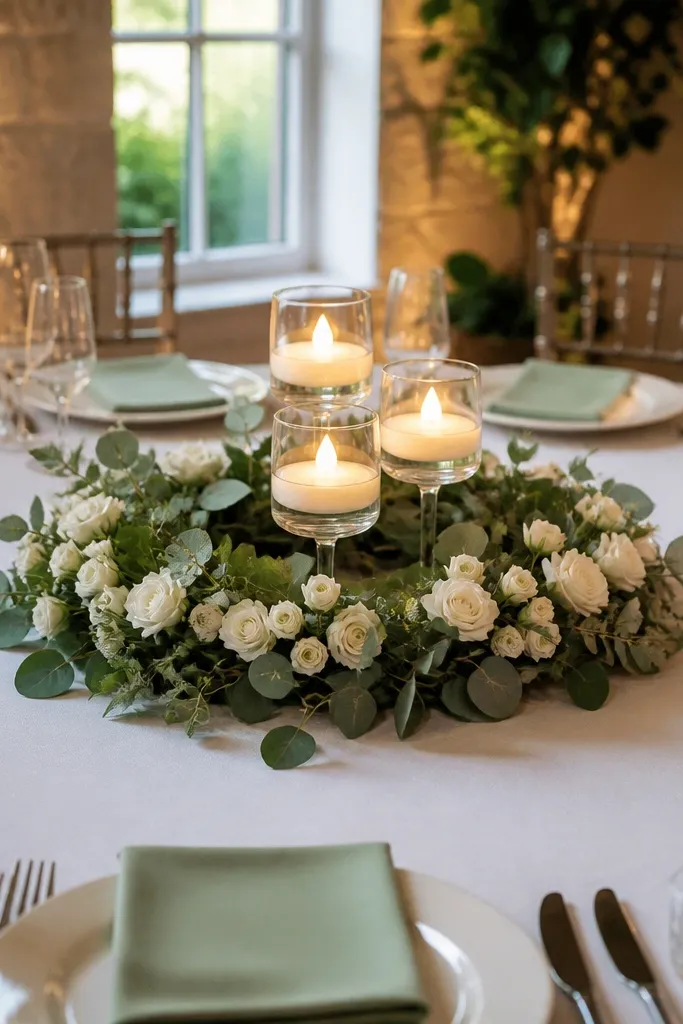 Low wreath ring of flowers with small candles around the circle