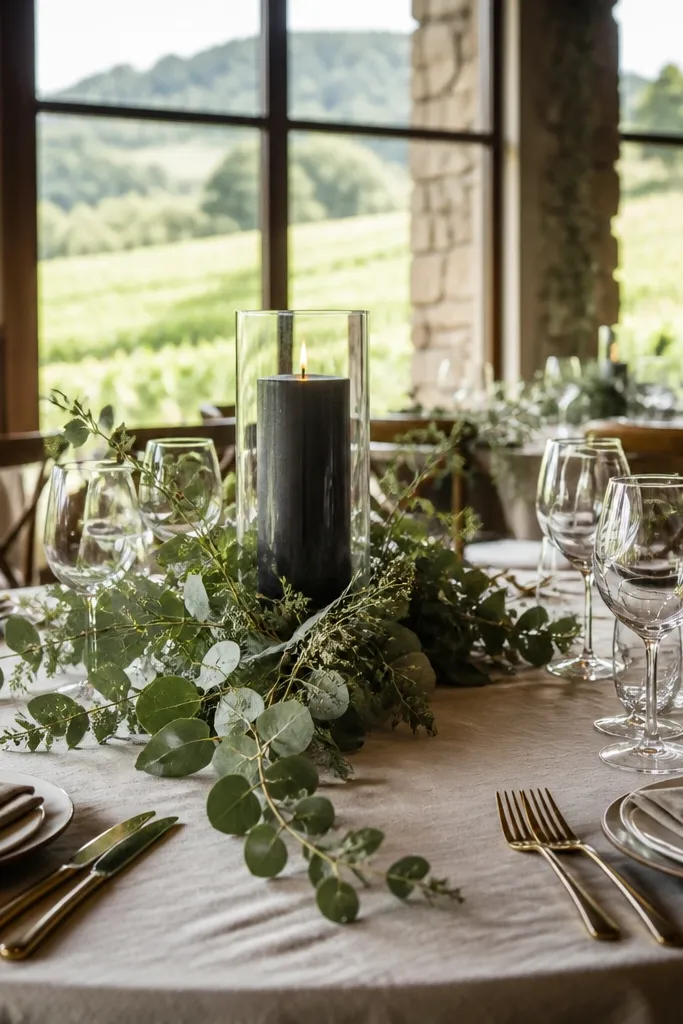 Asymmetrical greenery drape with one tall candle on a tray