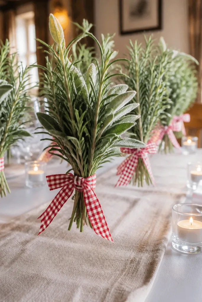 Herb bundles with gingham ribbon placed on a table runner near candles