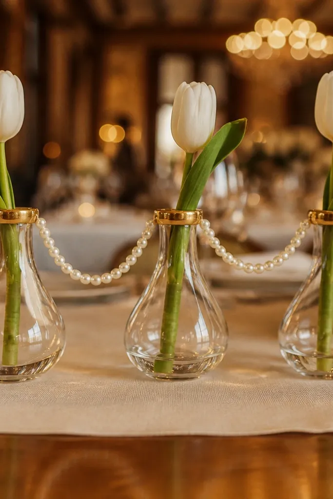 Gold-rim bud vases with one flower each and a pearl string accent