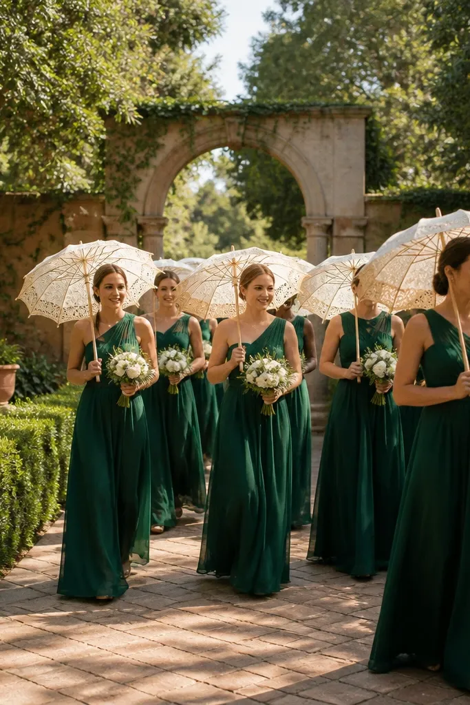 Forest green bridesmaid dresses with warm ivory bouquets and greenery