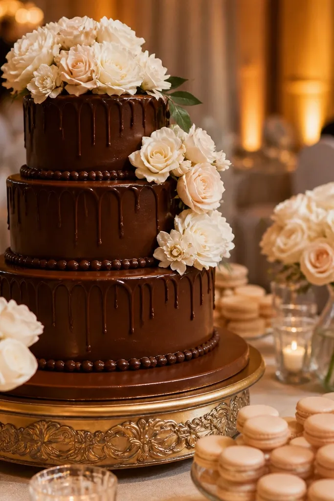 Chocolate brown suits with blush cream bridesmaid dresses and rose bouquets