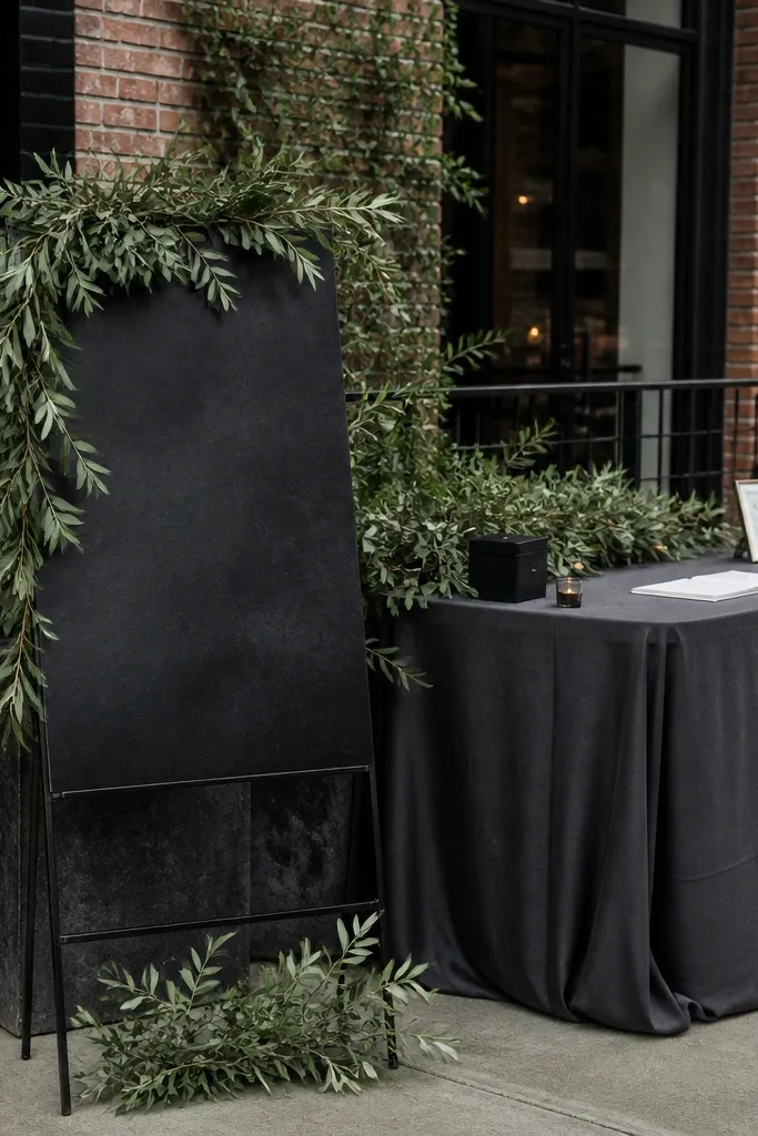 Charcoal suits with olive green bridesmaid dresses and dark green florals