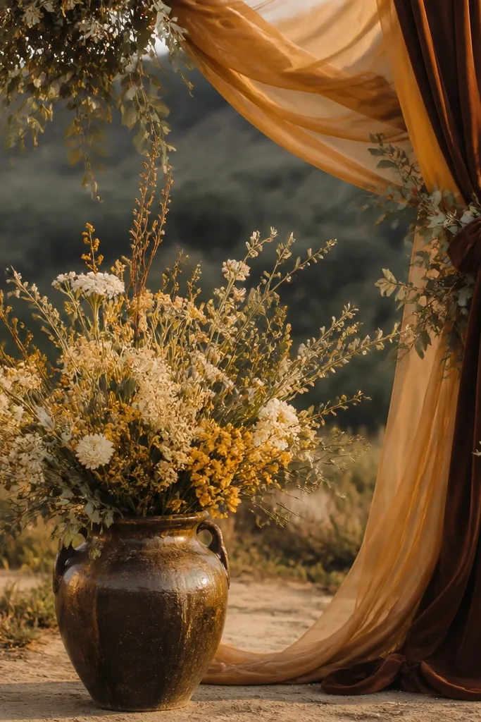 Ochre bridesmaid dresses with chocolate brown ties and warm floral centerpieces