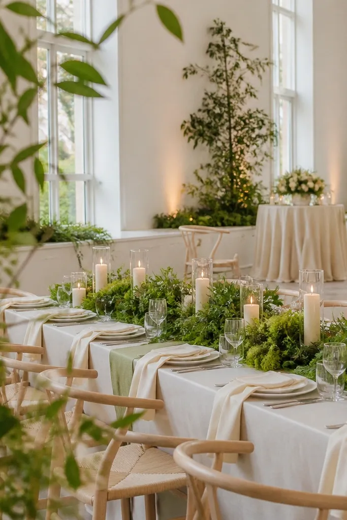Moss green dresses with butter cream bouquets and white table linens