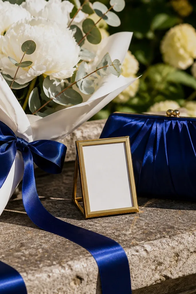 Sapphire blue bridesmaid dresses with warm white flowers and gold accents
