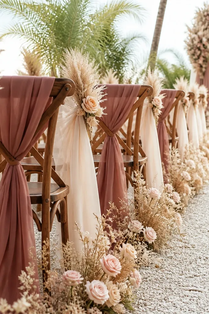 Rosewood bridesmaid dresses with creamy beige bouquets and neutral decor