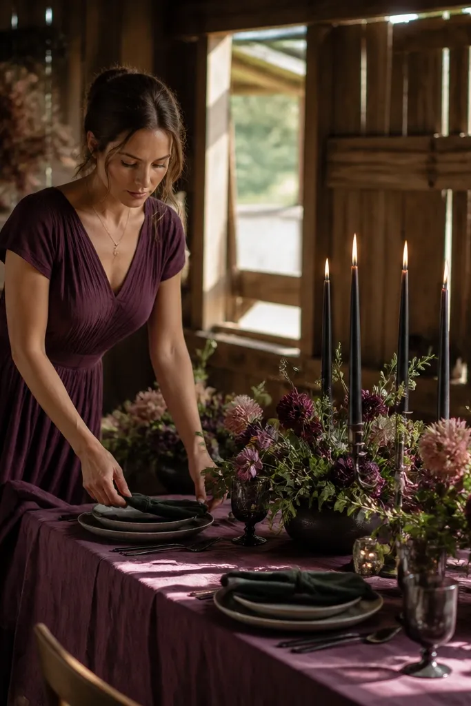 Mauve-plum dresses with deep olive greenery and dark wooden tables