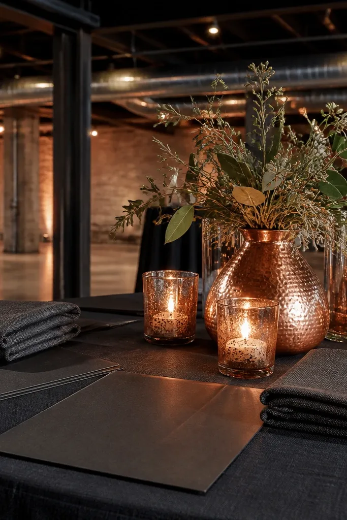 Copper-toned bridesmaid dresses with charcoal suits and bronze table accents