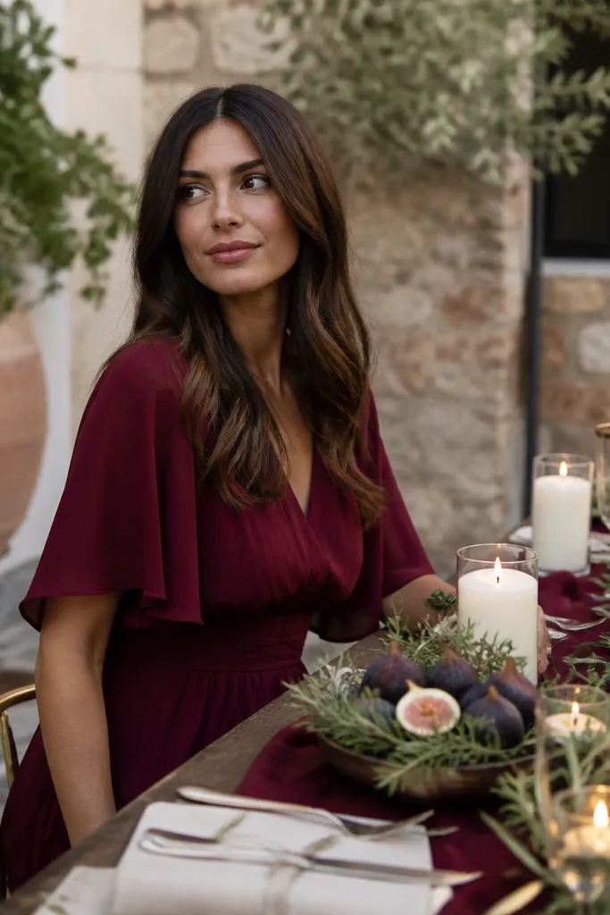 Deep red dresses with cream florals and olive greenery accents