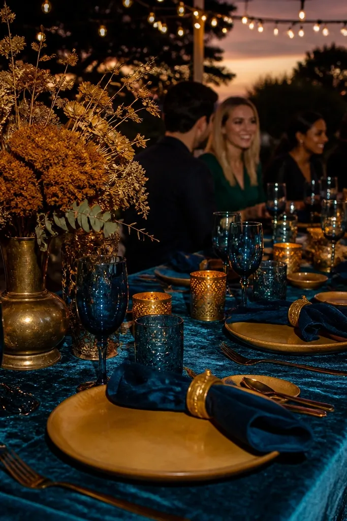 Peacock blue dresses with gold ochre bouquets and antique gold decor