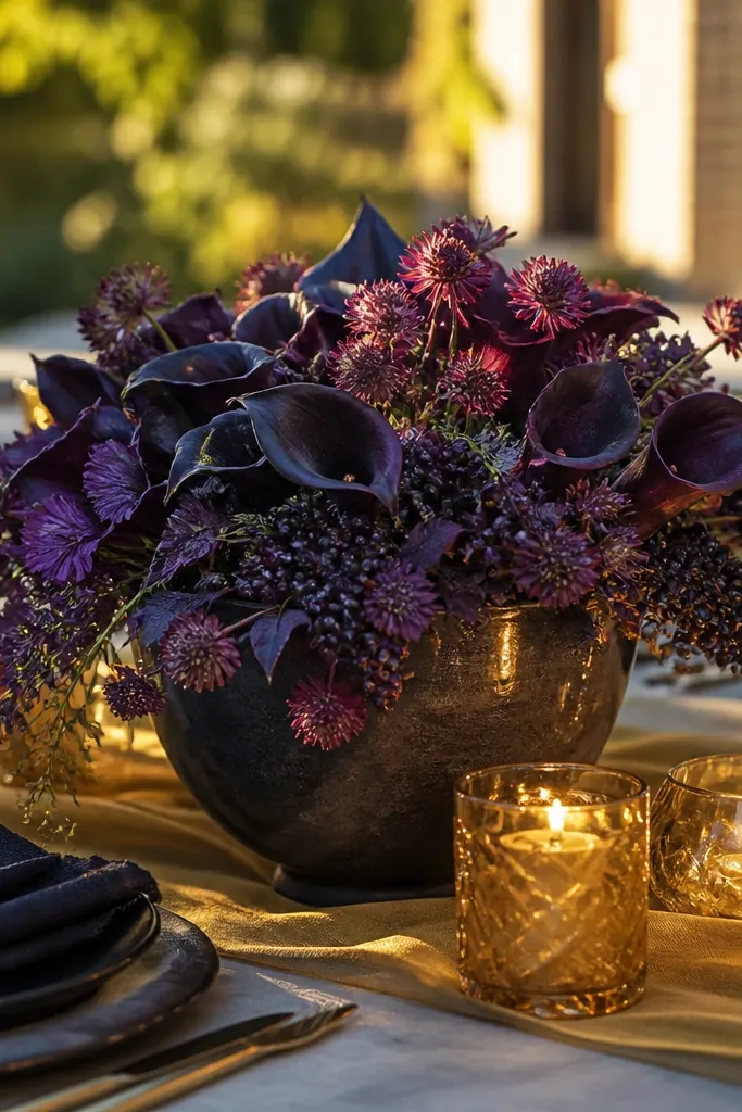 Berry purple bridesmaid dresses with golden bouquets and warm candlelight