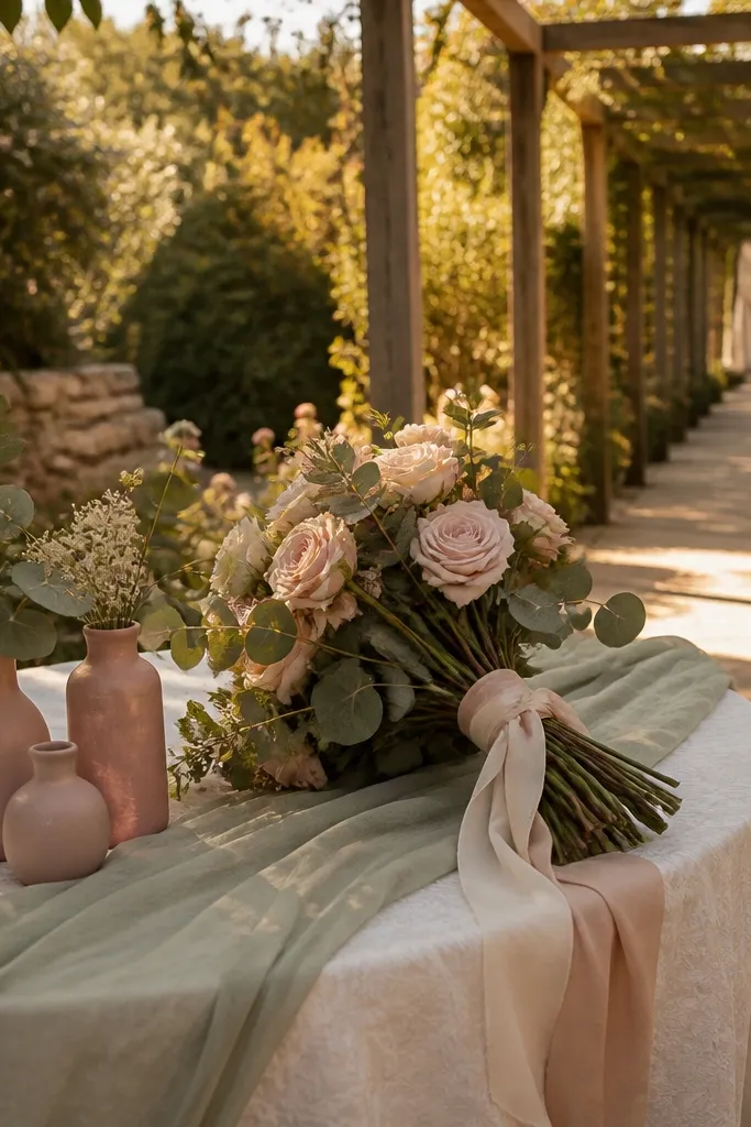 Sage napkins with ivory table linens and dusty rose flowers
