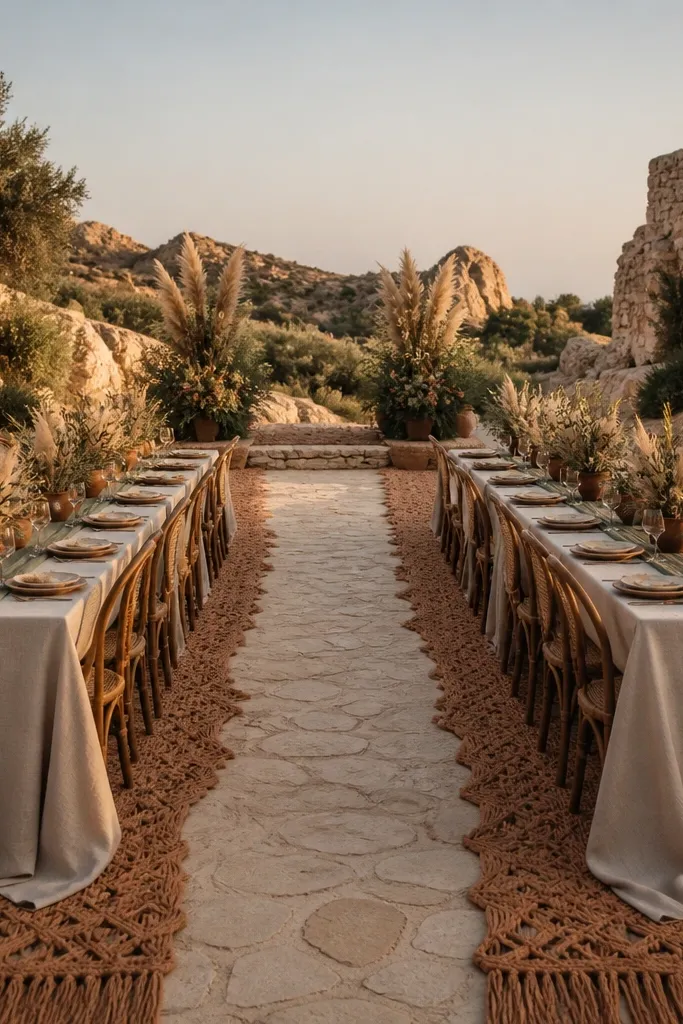 Olive napkins with taupe table cloth and terracotta bouquets