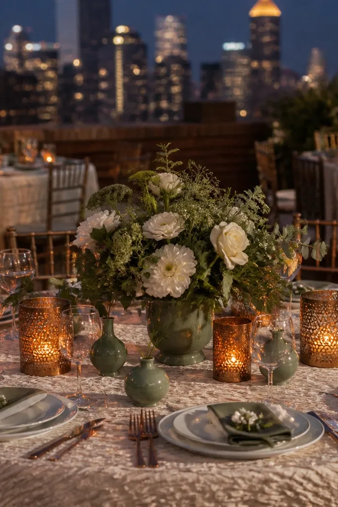 Jade green accents with ivory linens and copper candle holders