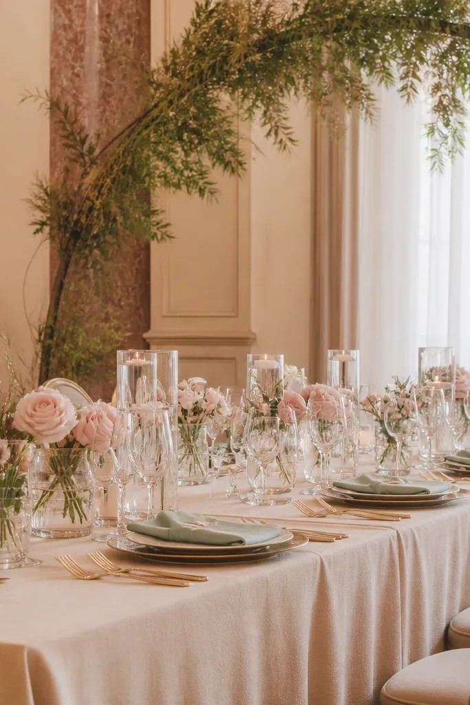 Sage greenery with blush flowers and champagne gold table details