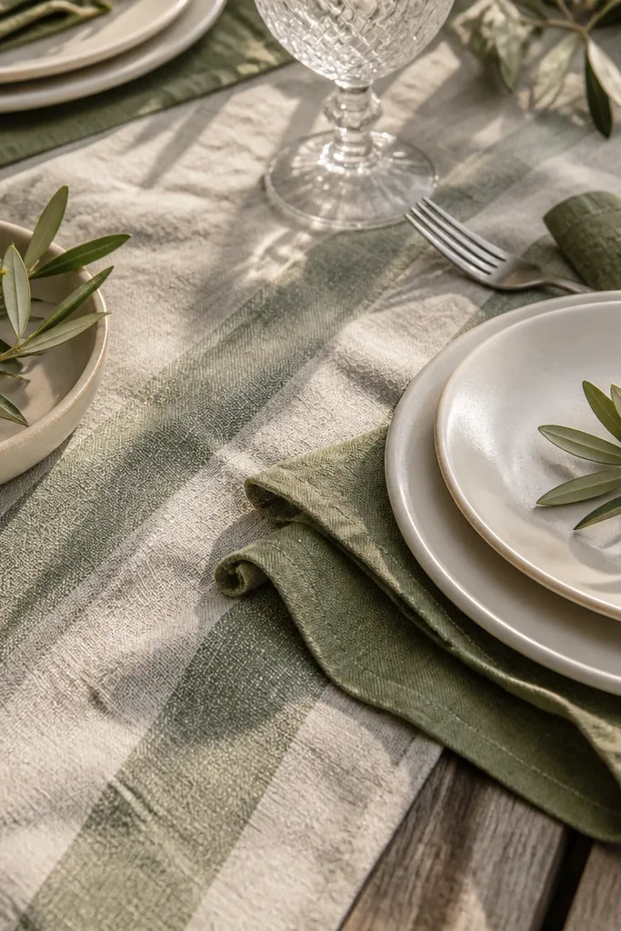 Olive napkins with ivory table linens and small sage-green leaf accents