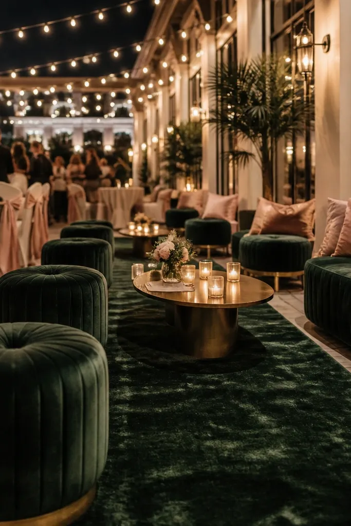 Forest green runner with blush flowers and soft gold candle holders