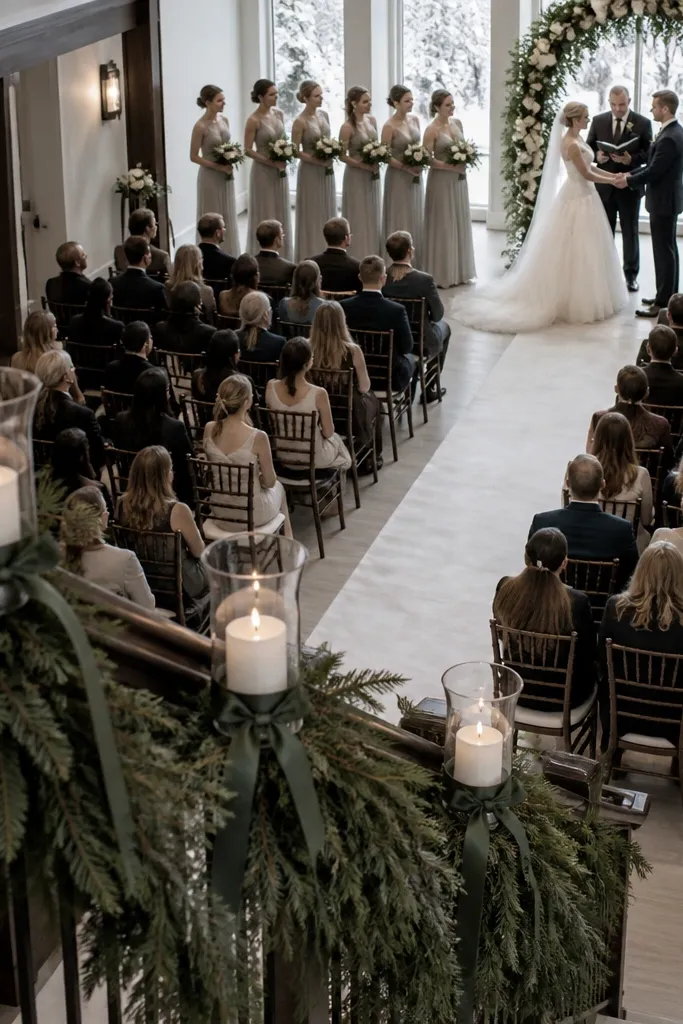 Evergreen garland with ivory linens and pine-green ribbon ties