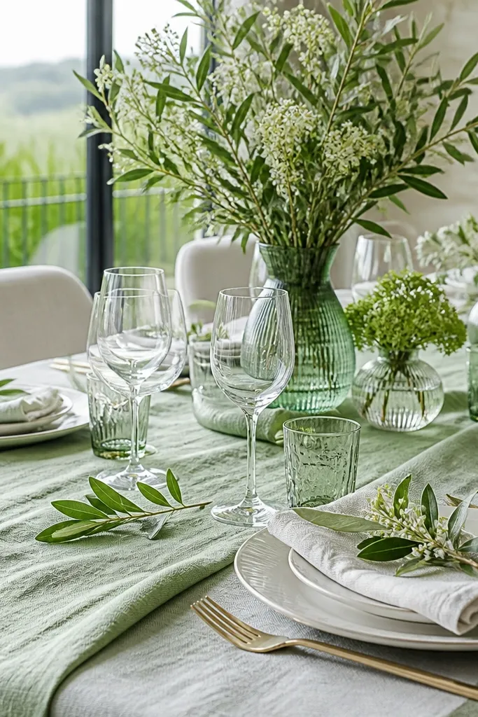 Mint and sage greens with white linens and light green florals