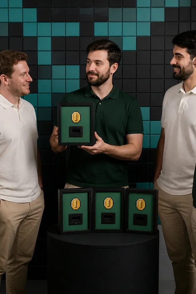 Studio backdrop with a pixel grid and framed insert-coin style cards