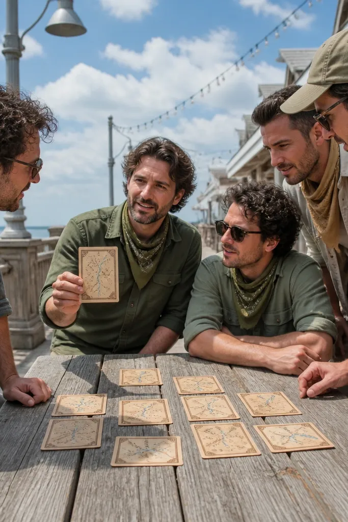 Boardwalk scene with map-style proposal cards and matching bandanas on a group