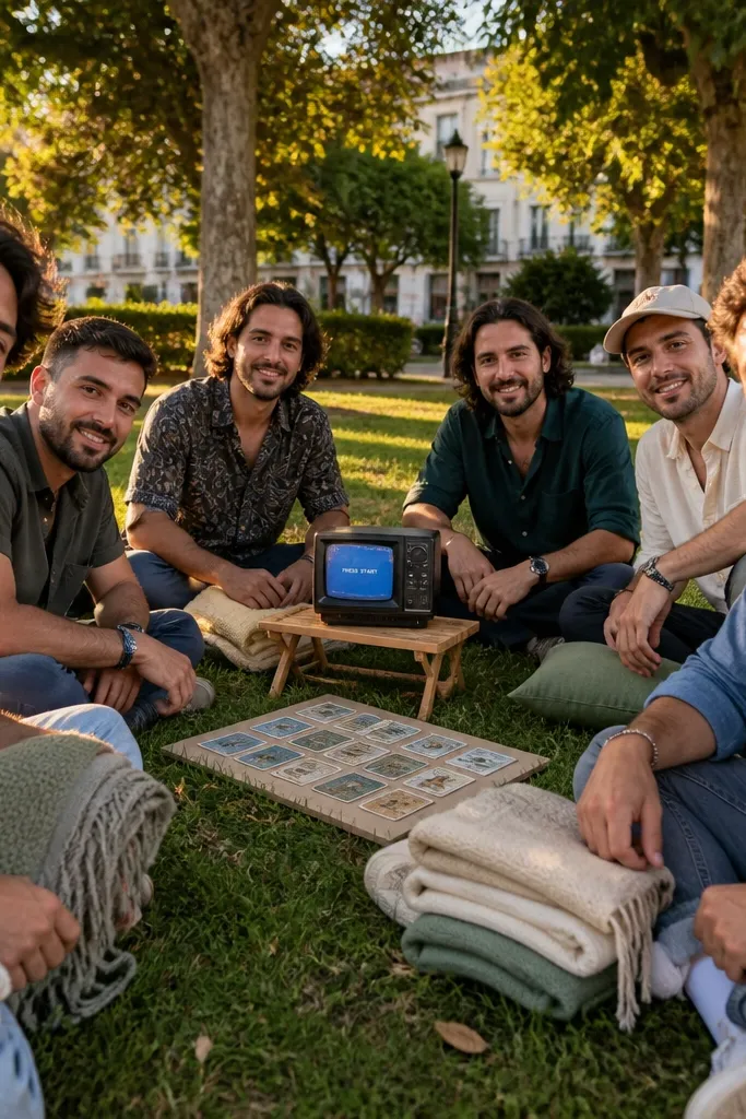Picnic setup with a mini TV on a blanket and press-start style cards
