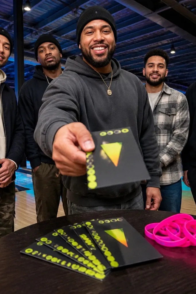Bowling alley with neon wristbands and strike-style cards in hand