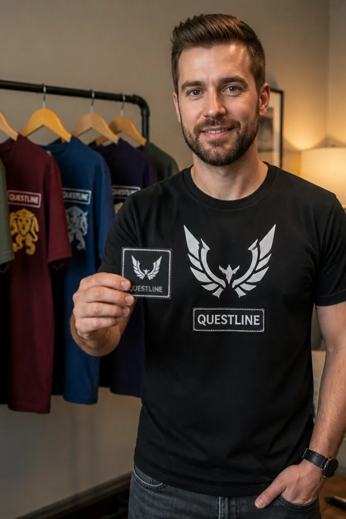 Group holding matching theme shirts with questline labels in a closet-like room