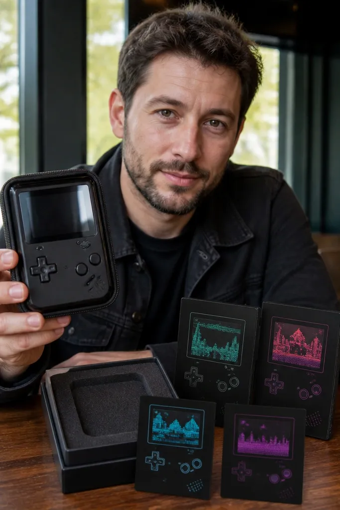 Retro handheld style card cases with screen-like name labels held up by a group