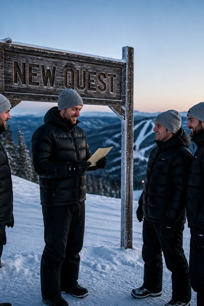 Snowy ski slope with a team holding a "new quest" sign
