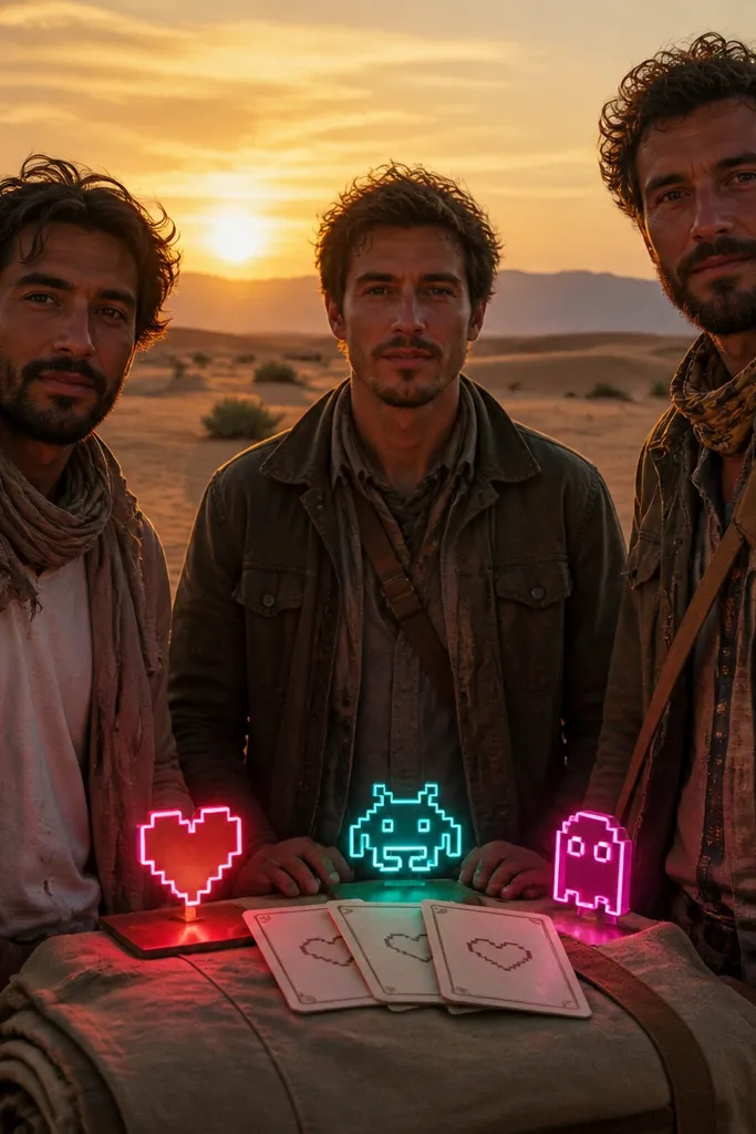 Desert sunset with neon props and respawn-together cards held by a group