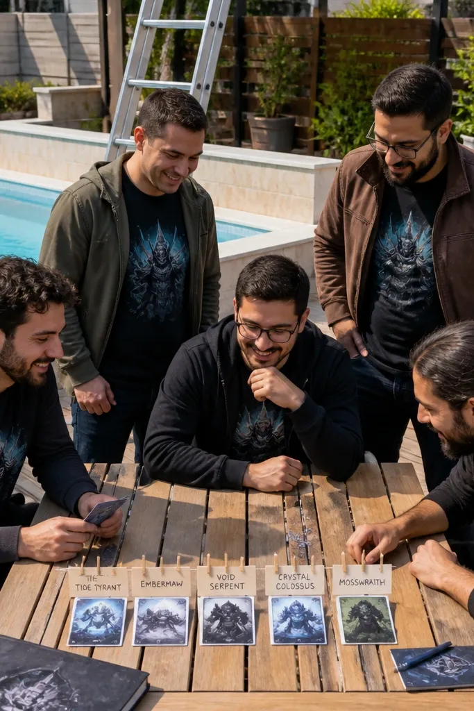 Poolside scene with boss-fight ladder props and name tags on the deck