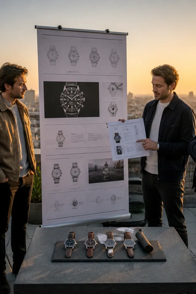 Rooftop with a roll-up patch-notes banner and team watches held up