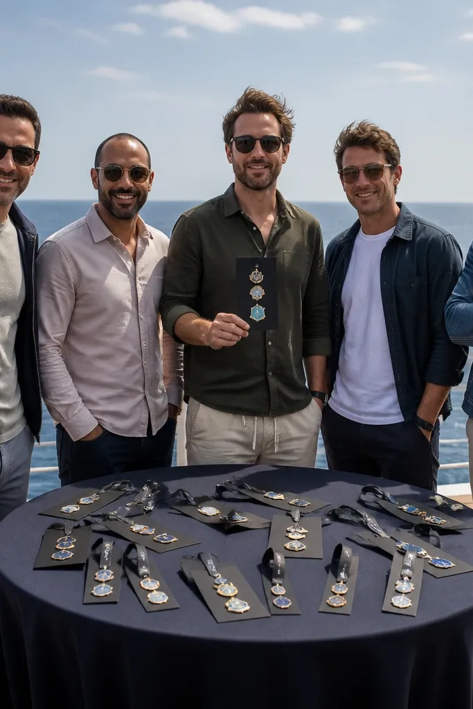 Boat deck with crew-member badges and a group posing in matching outfits