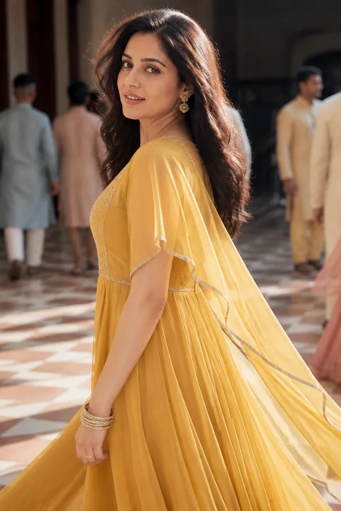 Mustard georgette anarkali with short cape sleeves and a flowing flare