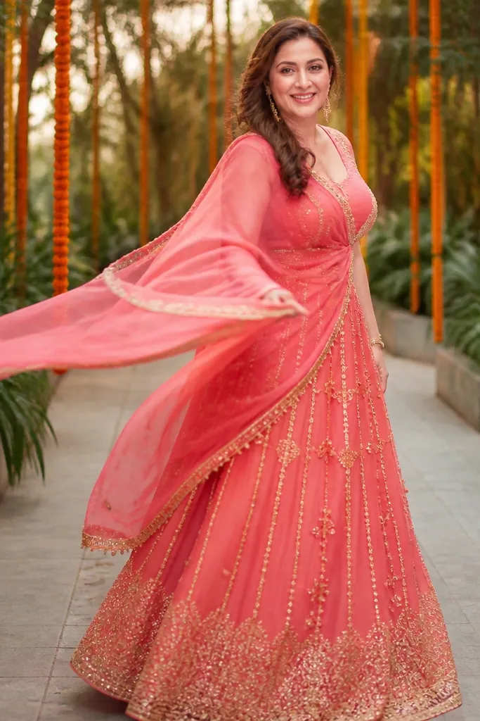 Coral chiffon lehenga with a draped dupatta over one shoulder