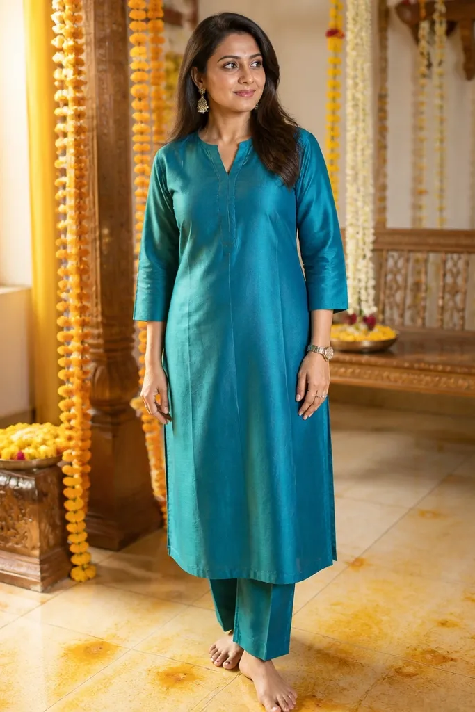 Teal silk blend kurta set with straight pants and a clean center placket