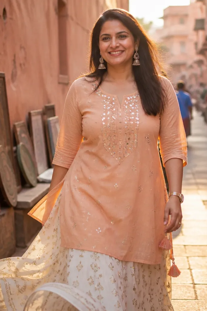 Peach short kurta with mirror work and a flared skirt