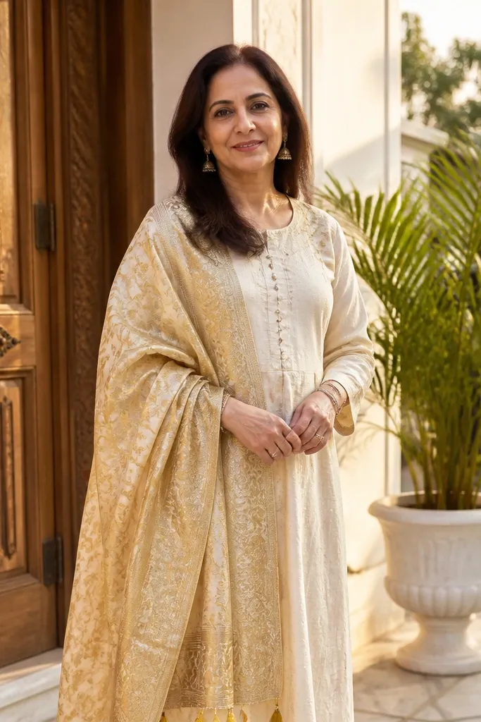 Simple white outfit with a soft gold banarasi-style dupatta