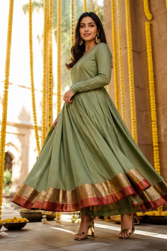 Sage green anarkali with a contrasting hemline border