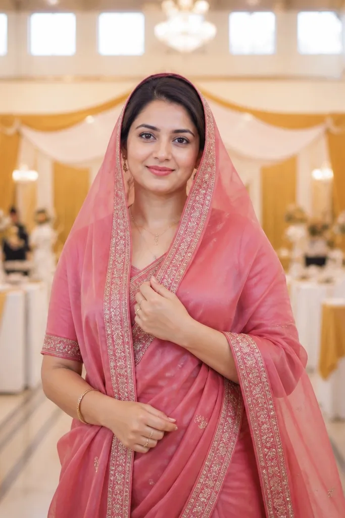 Warm rose pink saree with a short sleeve blouse
