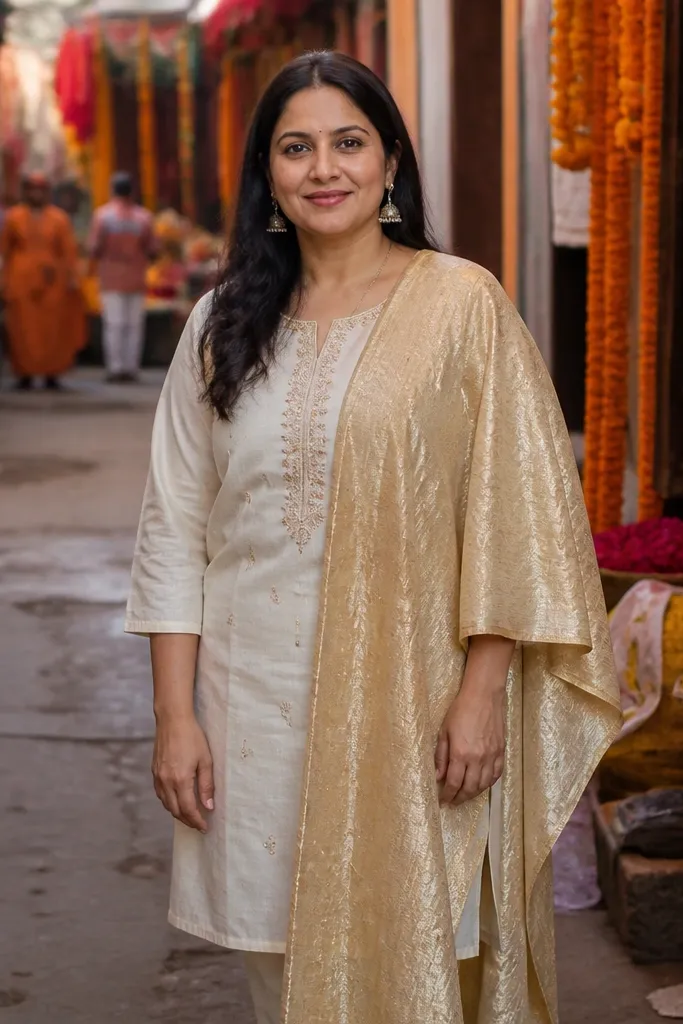 Ivory kurta with a gold tissue dupatta and straight trousers
