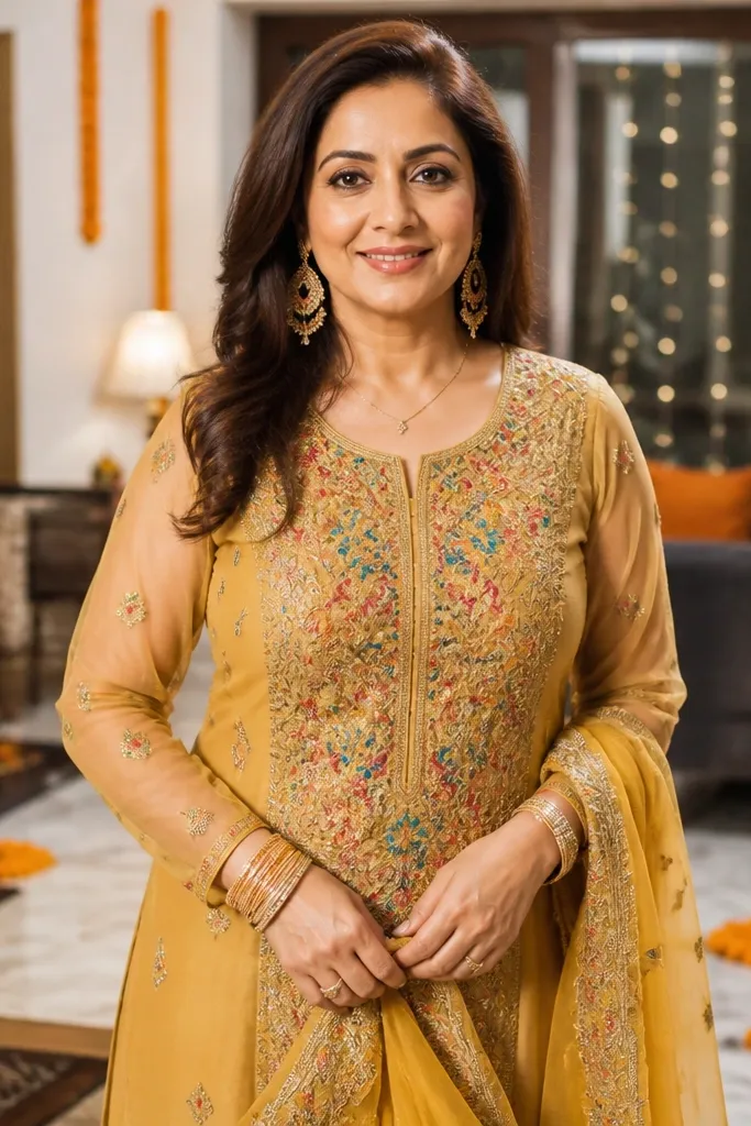 Gold kurta with colored thread work and sheer sleeves