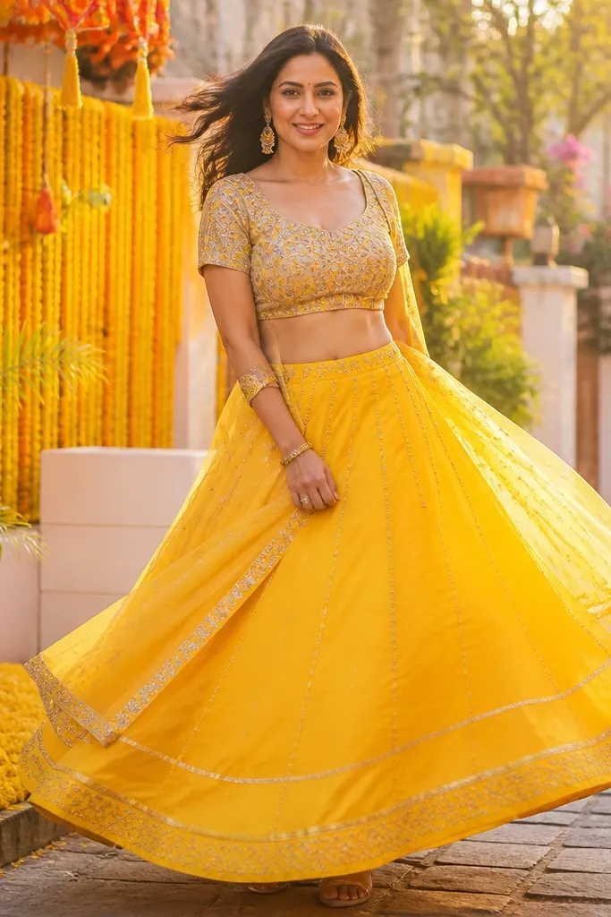 Mustard yellow lehenga skirt with a simple embroidered blouse
