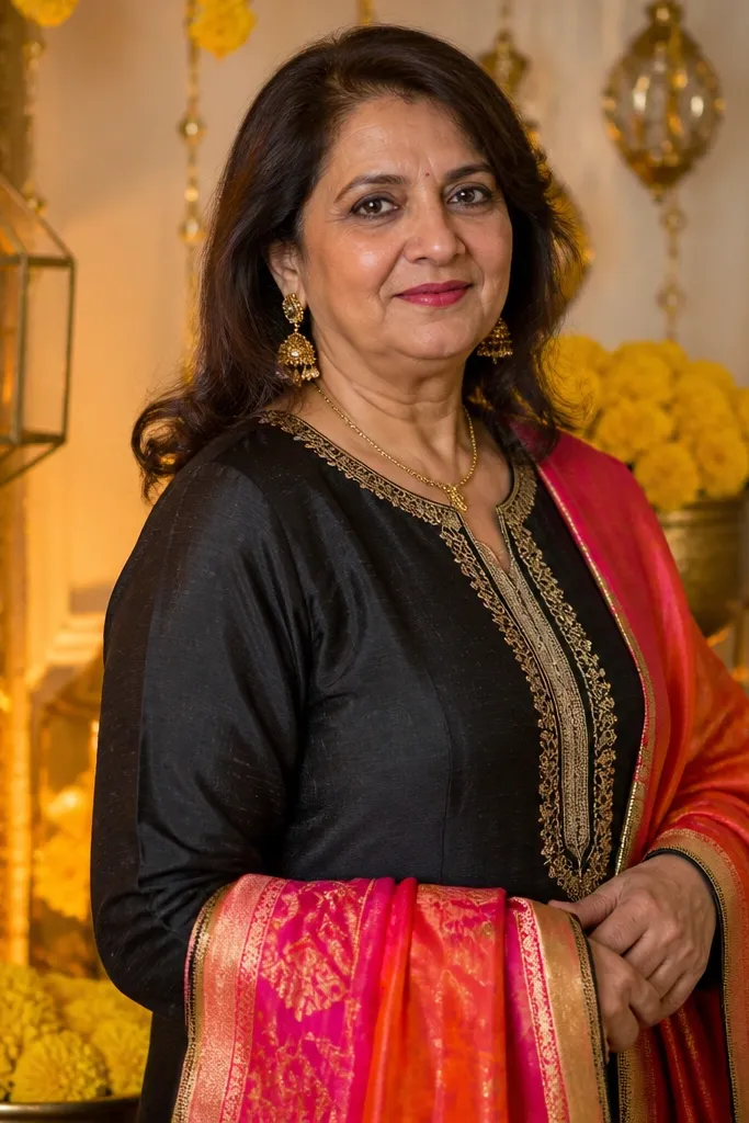 Black kurta with gold zari border and a bright dupatta