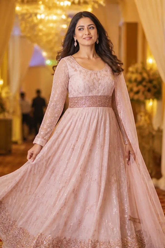 Champagne pink anarkali with a contrast waistband
