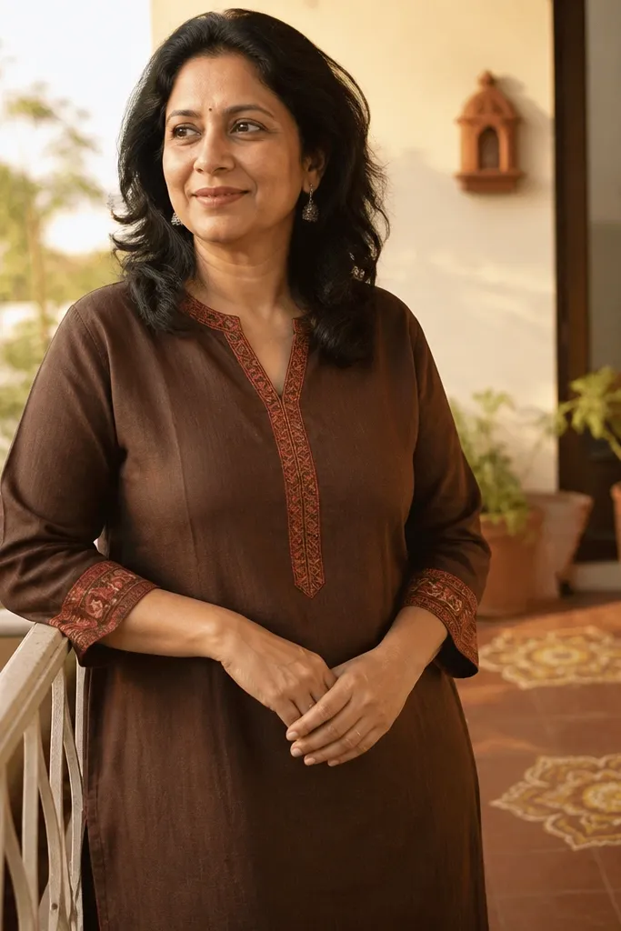 Rosewood brown kurta with terracotta embroidery details