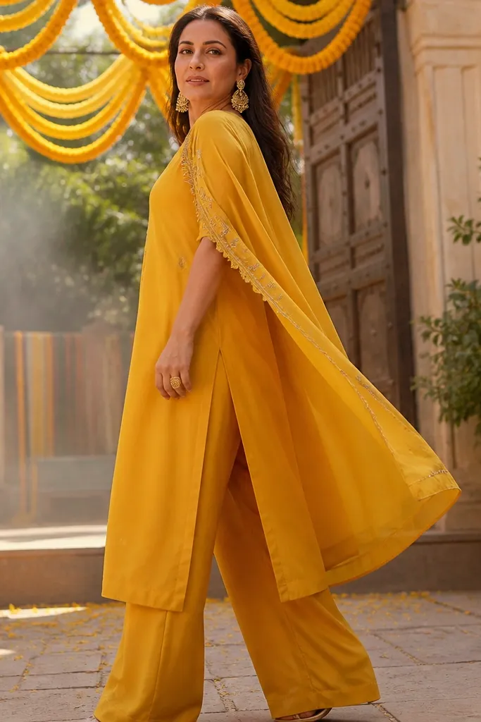 Saffron yellow cape kurta with wide leg pants and flowing fabric